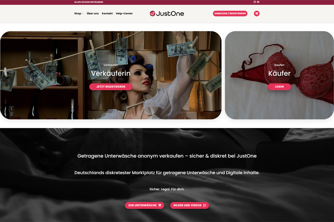 Startseite von JustOne mit Auswahl zwischen Verkäuferin und Käufer sowie Branding-Elementen.