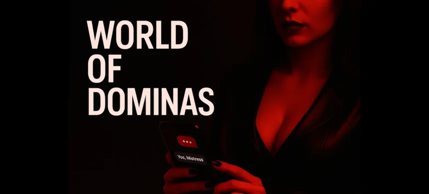 Symbolisches Domina-Hotline-Motiv mit einer Frau im roten Licht, die auf ihrem Smartphone eine Nachricht erhält – Beitragsbild zum WorldOfDominas Test 2025.