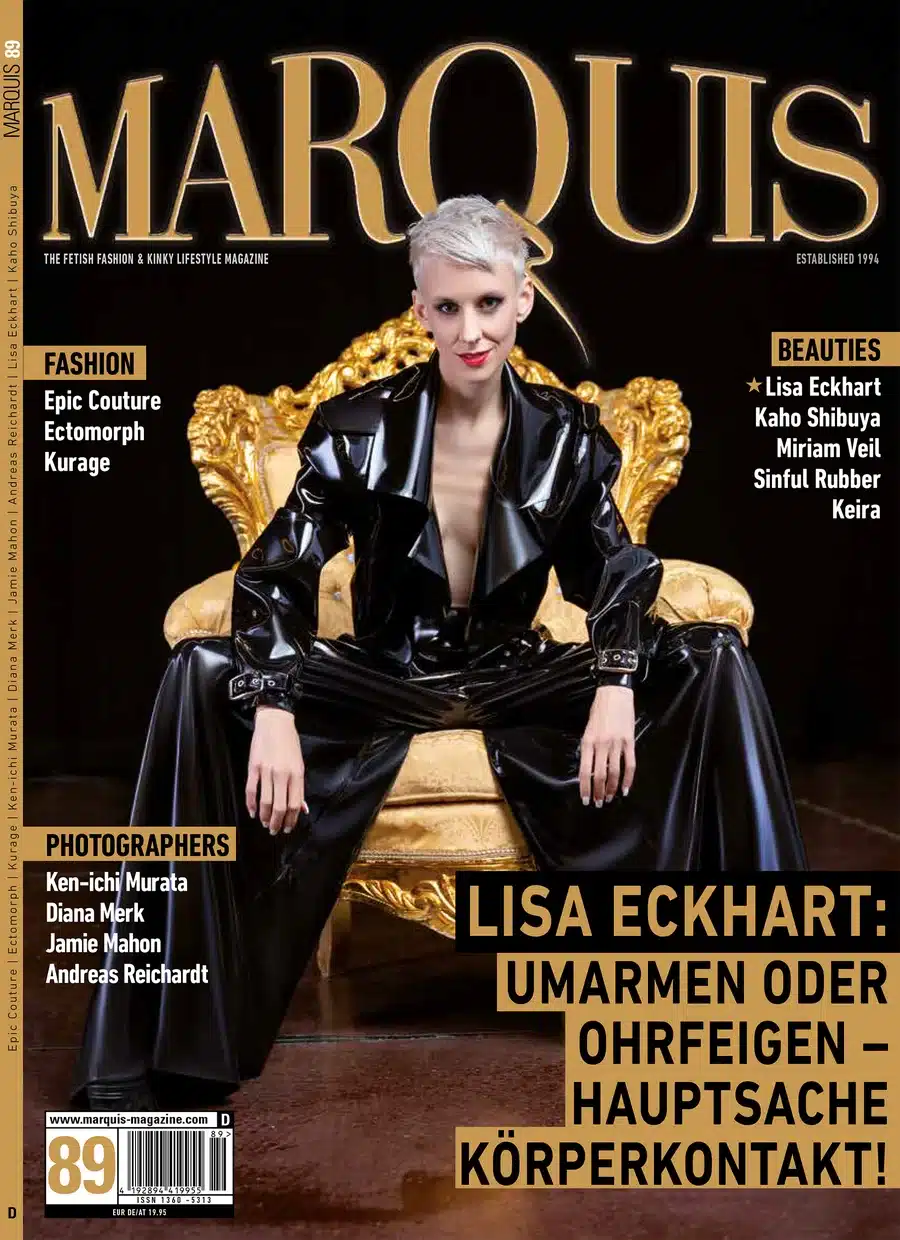 Titelseite von MARQUIS Nr. 89 mit Lisa Eckhart im Latex-Outfit auf goldenem Thron