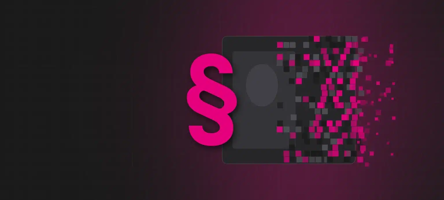 Pinkes Paragrafenzeichen vor einem Bildrahmen, dessen Inhalt in Pixel zerfällt